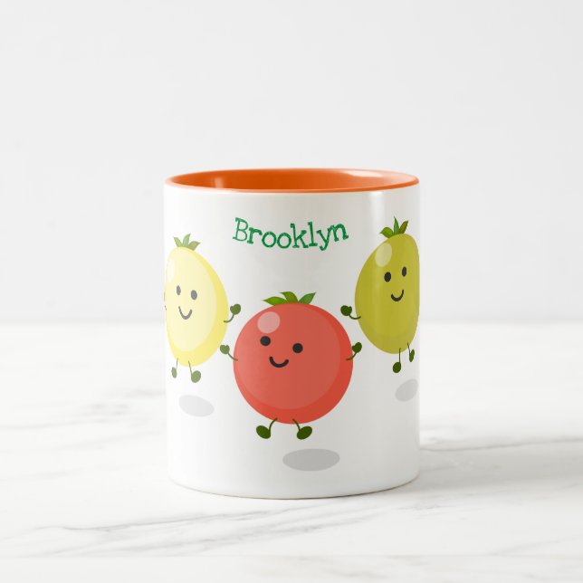Cute cherry tomatoes cartoon illustration Two-Tone coffee mug (Center)