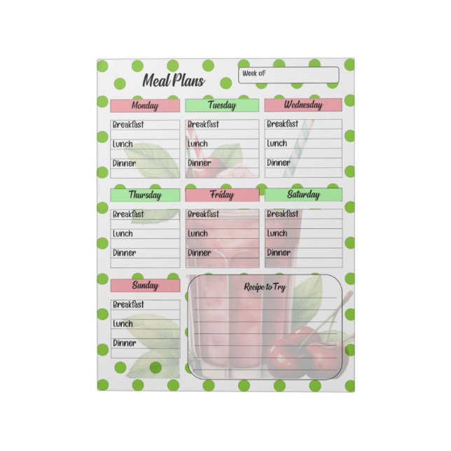 "Cute Cherry Weekly Meal Planner" Notepad (Rotated)