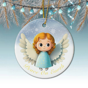 Cute Cherub Baby Girl Angel, Peace On Earth 👼🏻🎄 Ceramic Ornament