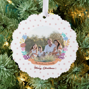 Cute Cheshire Cat Floral Wreath White Photo Tree Decoration Card