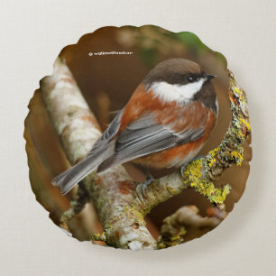 Cute Chestnut-Backed Chickadee on the Pear Tree Round Cushion