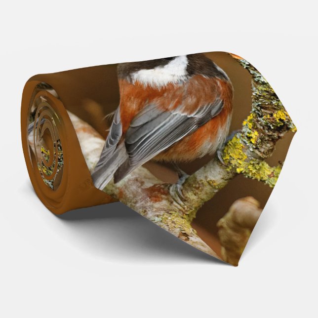 Cute Chestnut-Backed Chickadee on the Pear Tree Tie (Rolled)