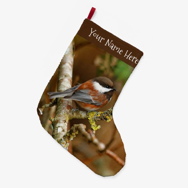 Cute Chestnut-Backed Chickadee Songbird Large Christmas Stocking (Front (Hanging))