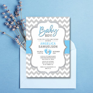 Cute Chevron Blue Grey Feet Baby Shower BOY Invitation