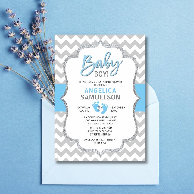 Cute Chevron Blue Grey Feet Baby Shower BOY Invitation (Creator Uploaded)
