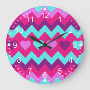 Cute Chevron Hearts Pink Teal Teen Girl Gifts Large Clock