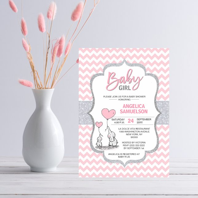 Cute Chevron Pink Grey Elephant Baby Shower GIRL Invitation (Creator Uploaded)