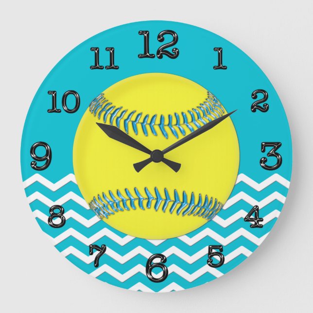 Cute Chevron Turquoise Softball Wall Decor CLOCK (Front)