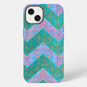 Cute Chevron with Floral Damask Turquoise Lavender iPhone Case