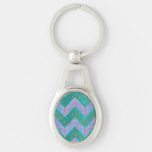 Cute Chevron with Floral Damask Turquoise Lavender Key Ring