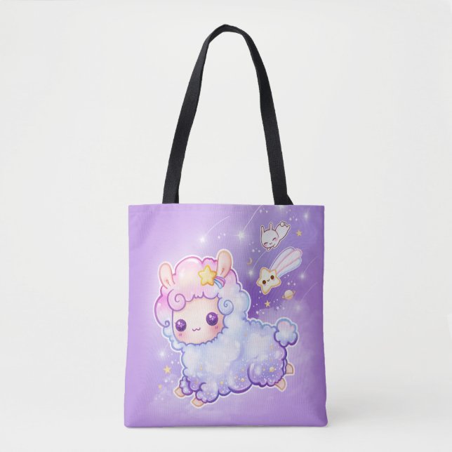Cute chibi alpaca with kawaii shooting star tote bag (Front)