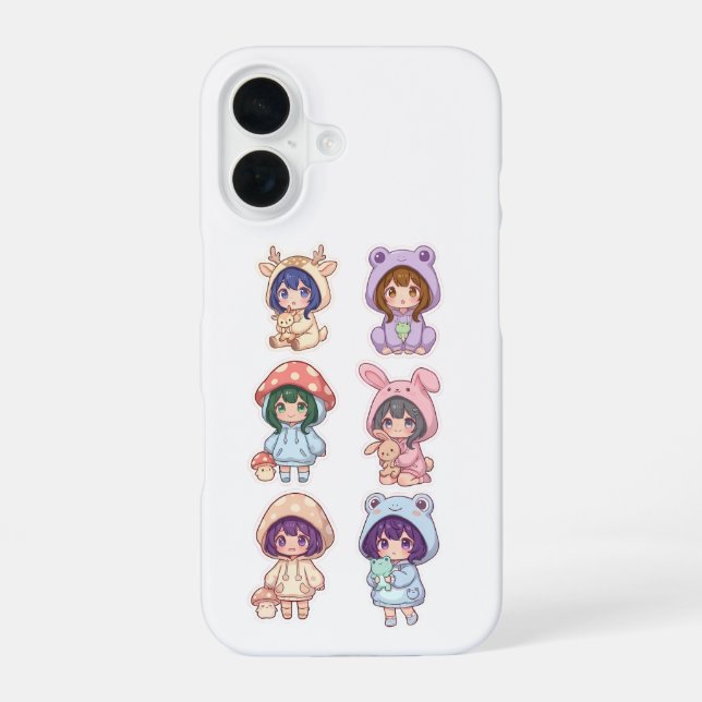 Cute Chibi Animals and Mushrooms Protective Phone  iPhone 16 Case (Back)