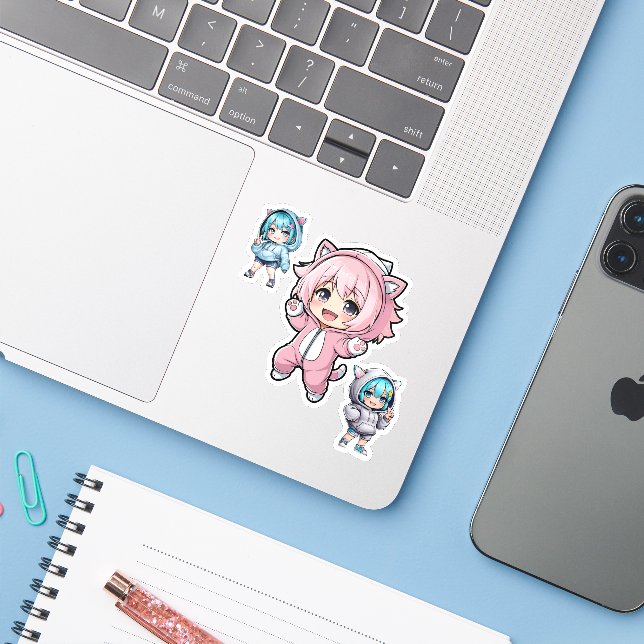 Cute Chibi Anime Cat Hoodie Girl Vinyl Sticker (Laptop w/ iPhone)