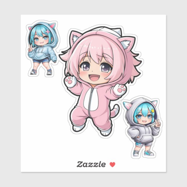 Cute Chibi Anime Cat Hoodie Girl Vinyl Sticker (Sheet)