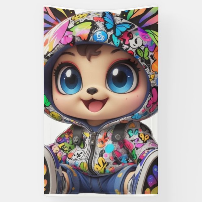 Cute Chibi Bear in Graffiti Butterfly Hoodie – Kaw Banner (Vertical)