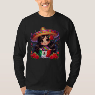 Cute Chibi Bonita Brown Pride Floral Bandera Mexic T-Shirt