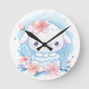 Cute Chibi Bunny Illustration Round Clock