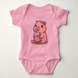 Cute Chibi Capybara Drinking Strawberry Boba Milk Baby Bodysuit
