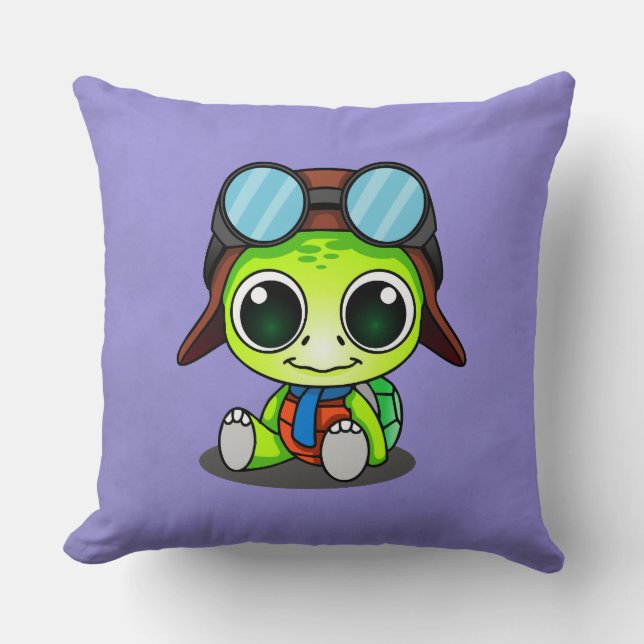 Cute Chibi Cartoon Turtle in Aviator Hat Cushion (Front)