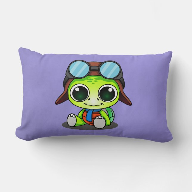 Cute Chibi Cartoon Turtle in Aviator Hat Lumbar Cushion (Front)