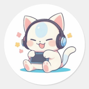 Cute Chibi Cat Gaming Headphones Portable Console Classic Round Sticker