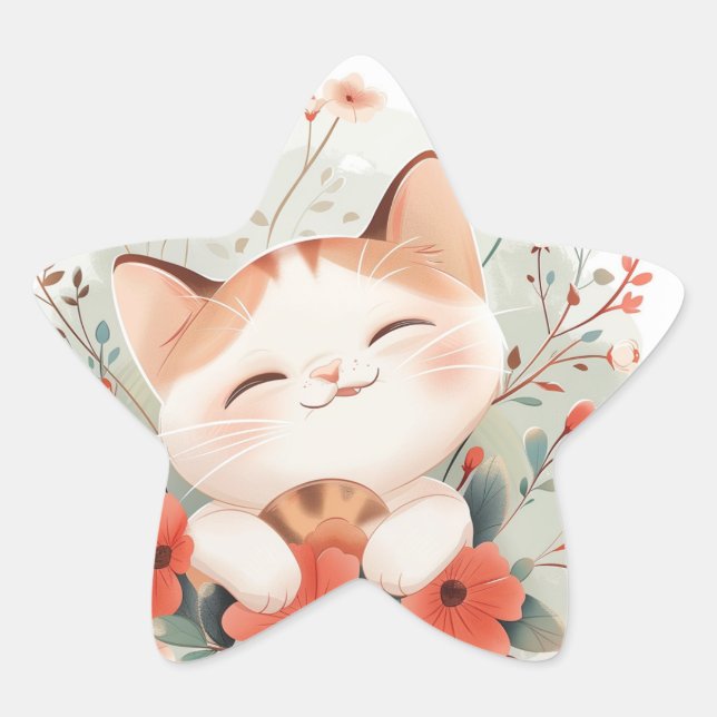 Cute Chibi Cat In Flowers Cat Lovers Gift Star Sticker (Front)