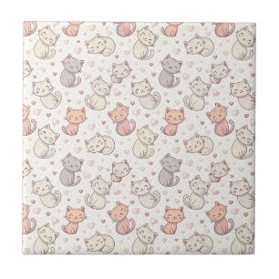 Cute Chibi Cat Pattern - Kids Kawaii Kitten Design Ceramic Tile