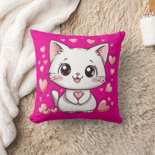 Cute Chibi Cat Pink Pillow with Hearts Kawaii