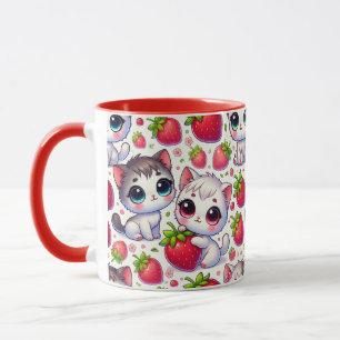  Cute Chibi Cats & Strawberries Pattern Cat Lovers Mug