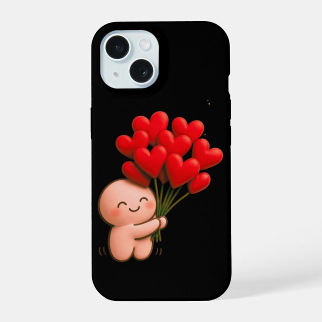 Cute Chibi Character Holding Red Heart Balloons  iPhone 15 Case (Back)