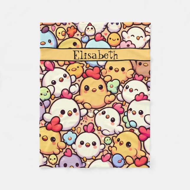 Cute Chibi Chicken Pattern Design Personalised Fleece Blanket (Front)