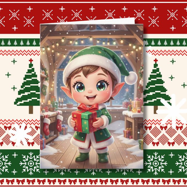 Cute Chibi Elf with Christmas Gift Personalised Card (Creator Uploaded)