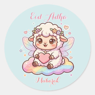 Cute Chibi Fairy Sheep Rainbow Eid Adha Mubarak Classic Round Sticker