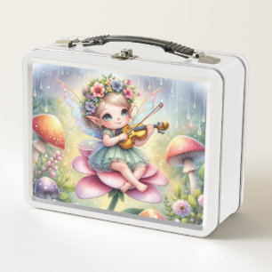 Cute Chibi Fairy with Violin on Pink Flower Metal Lunch Box