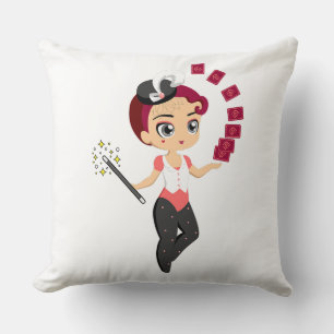 Cute Chibi Female Magician Performing Card Magic Cushion
