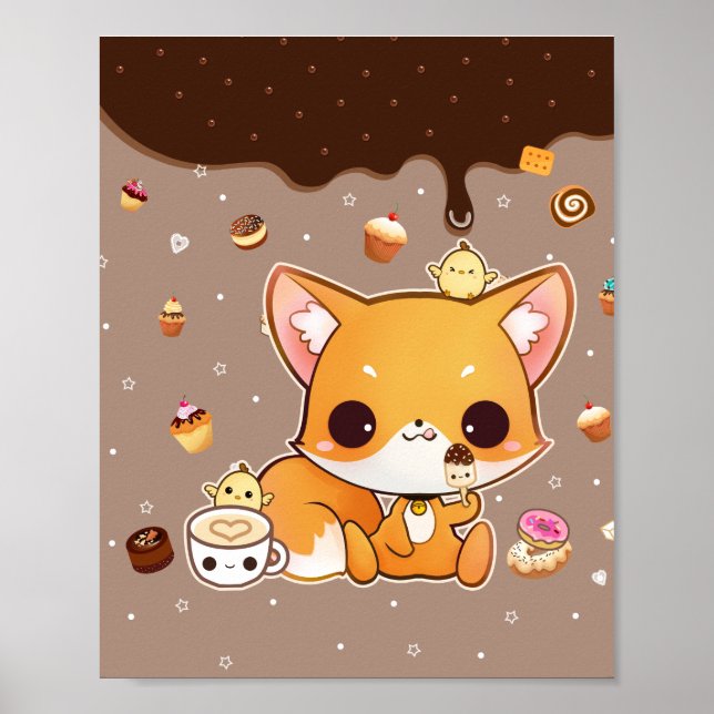 Cute chibi fox with kawaii icecream poster (Front)