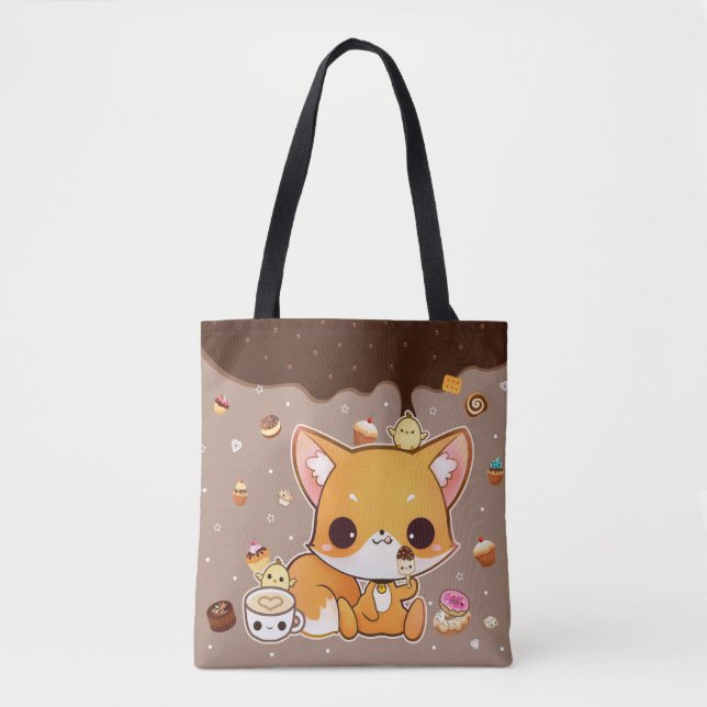 Cute chibi fox with kawaii icecream tote bag (Front)