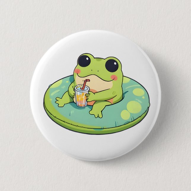 Cute Chibi Frog Summer Pool Day Lemonade Design 6 Cm Round Badge (Front)