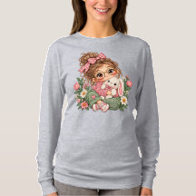 Cute Chibi Girl Embroidery Style Floral Cosy Autum