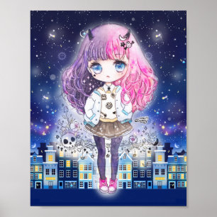 Cute chibi girl in a city of stars poster