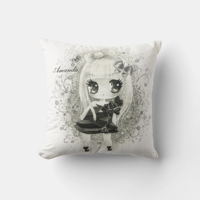 Cute chibi girl in black & white - Personalised Cushion (Front)