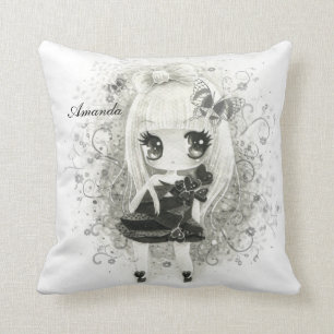 Cute chibi girl in black & white - Personalised Cushion