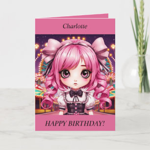 Cute Chibi Girl pink hair Birthday Card