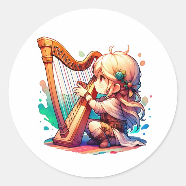 Cute Chibi Girl Playing Harp Classic Round Sticker (Front)