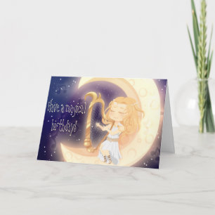 Cute Chibi girl playing harp on the moon birthday Card