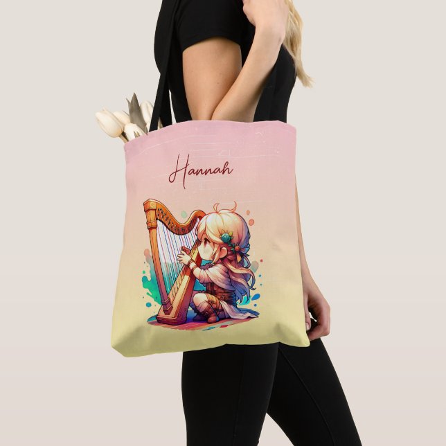 Cute Chibi Girl Playing Harp Personalised Tote Bag (Close Up)