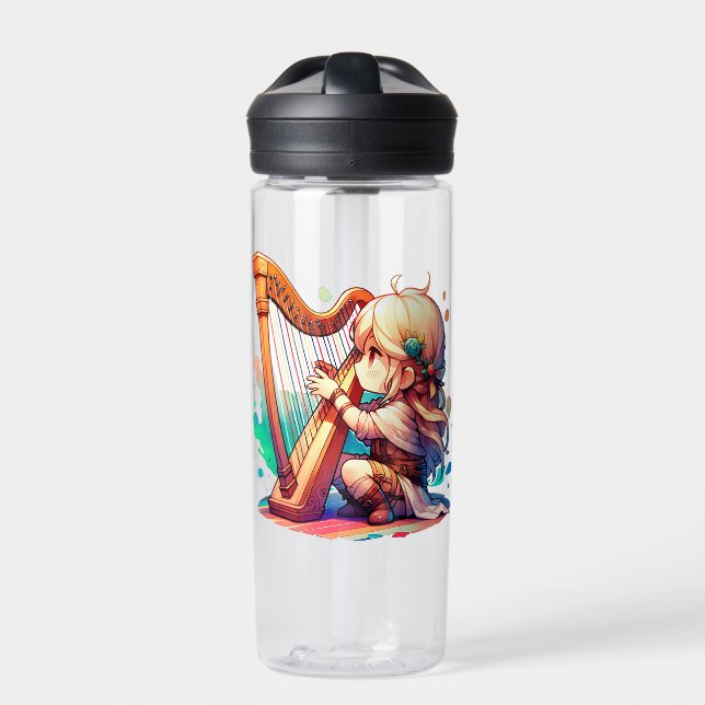 Cute Chibi Girl Playing Harp Personalised Water Bottle (Front)