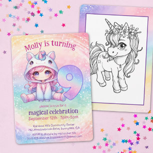 Cute Chibi Girl Unicorn 9th birthday party Invitation