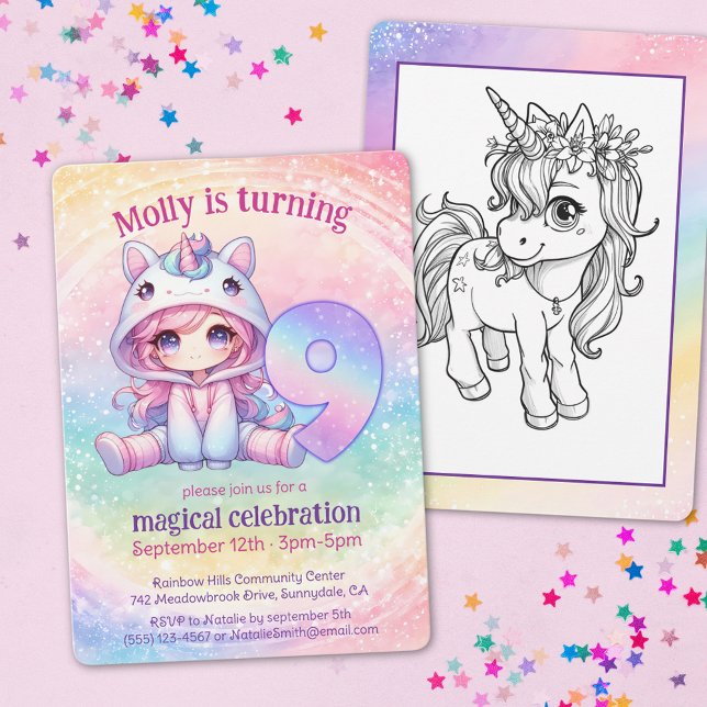 Cute Chibi Girl Unicorn 9th birthday party Invitation (Creator Uploaded)