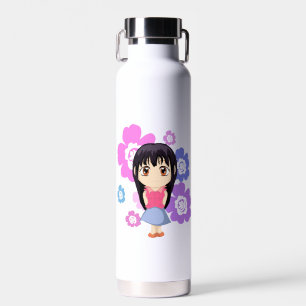 Cute Chibi Girl with Flowers Water Bottle